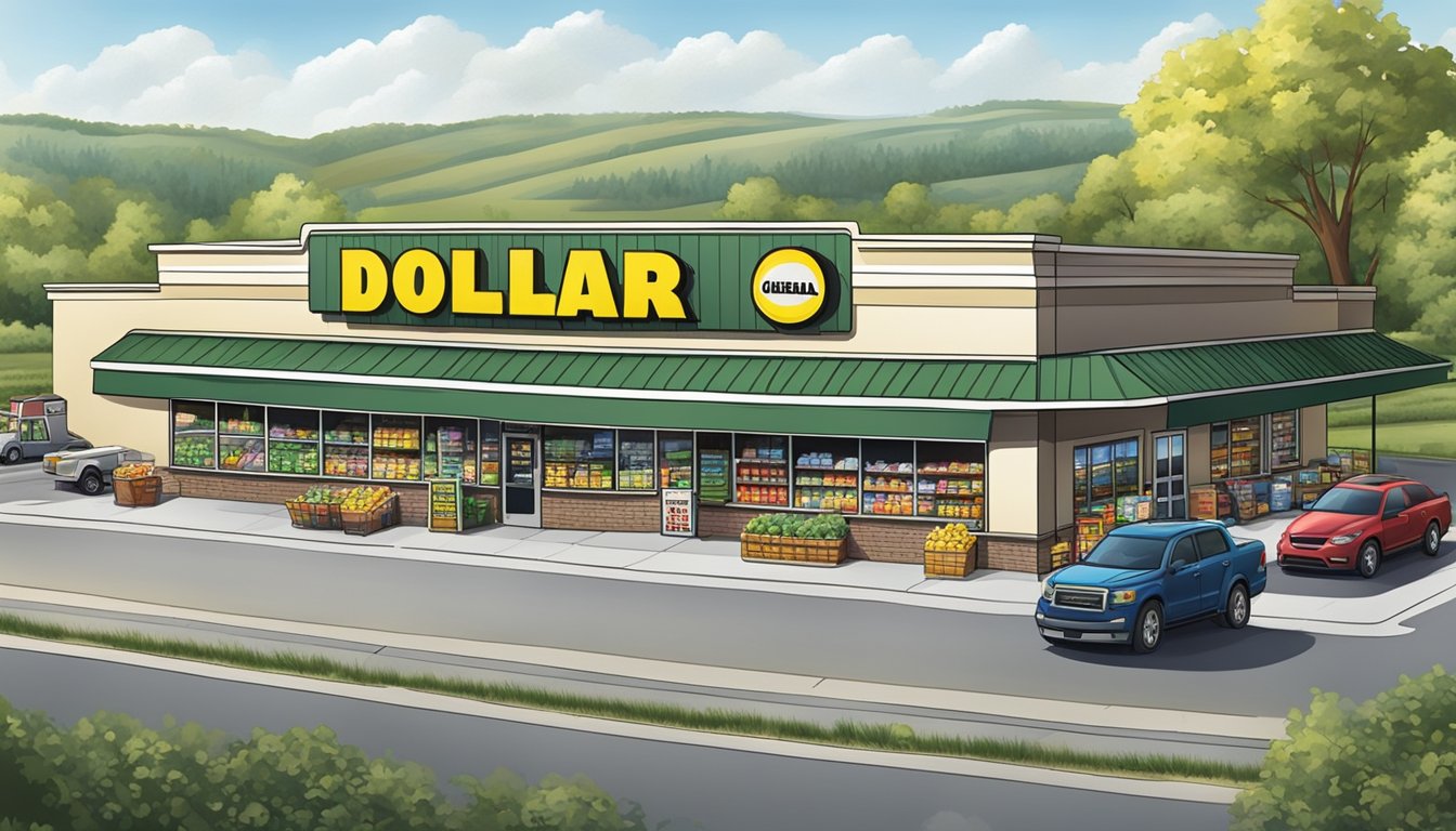 A bustling Dollar General store located in a small town, surrounded by rural farmland and a busy highway