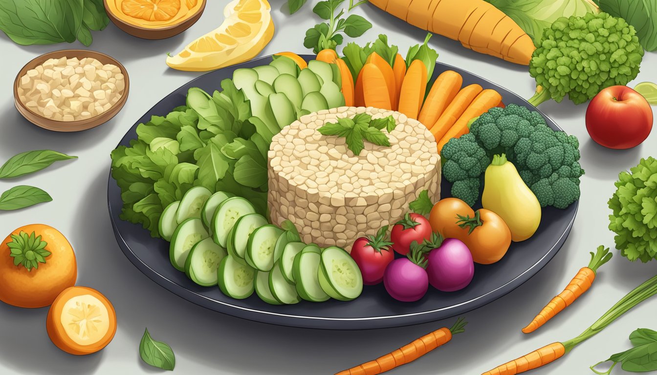 A plate of tempeh surrounded by fresh vegetables and fruits