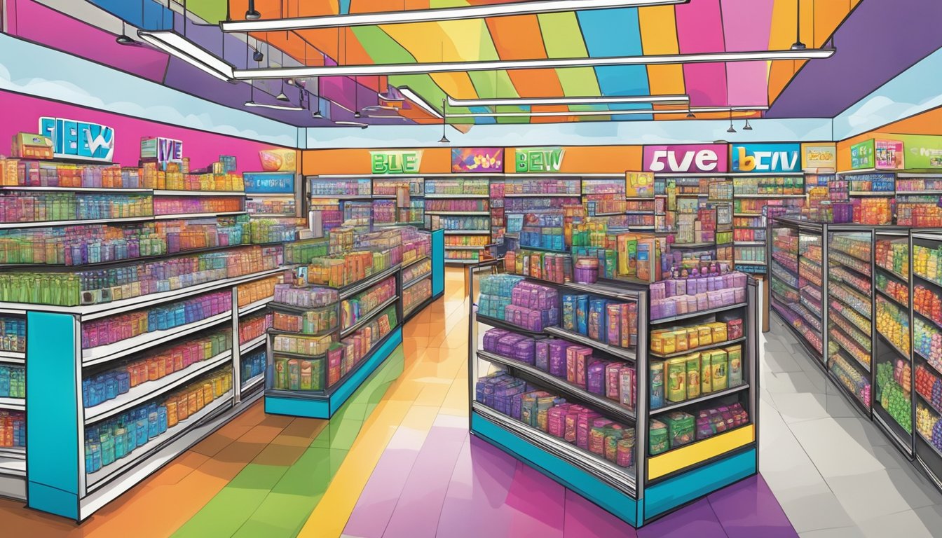 A vibrant and colorful Five Below store with eye-catching displays of affordable and trendy products, drawing in a diverse crowd of shoppers