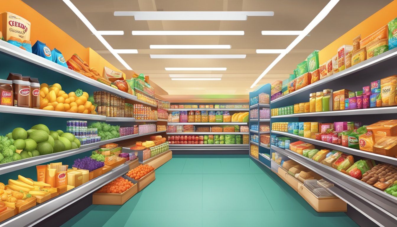 A colorful display of diverse products fills the aisles, from snacks to household items, creating a vibrant and varied grocery store setting