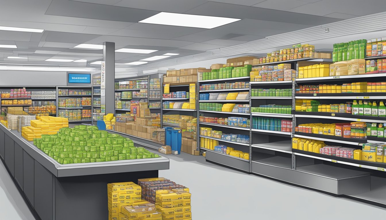 A bustling Dollar General store with efficient supply chain operations, stocked shelves, and satisfied customers