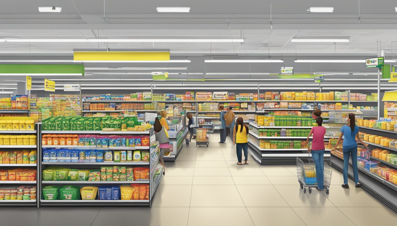 A bustling Dollar General store with shelves stocked with a variety of groceries, customers browsing the aisles, and employees assisting at the checkout counters