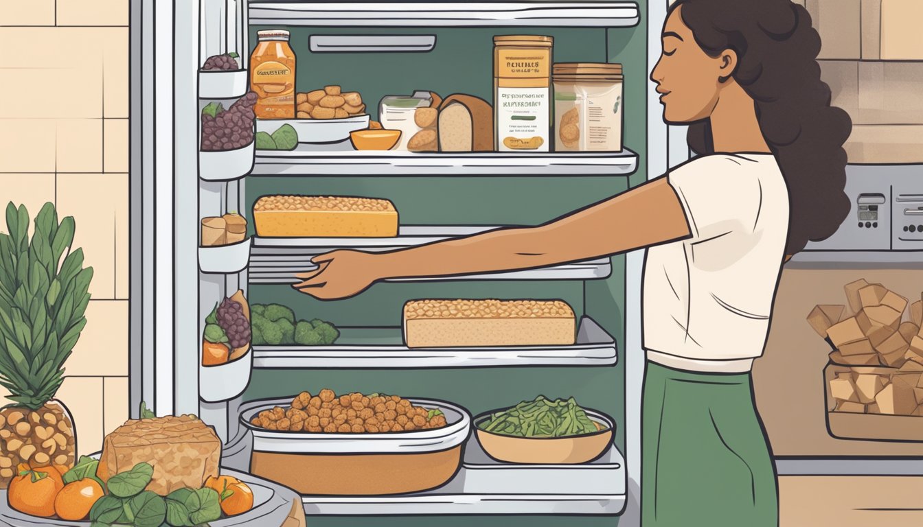 A person placing a package of tempeh into a refrigerator next to other vegan food items