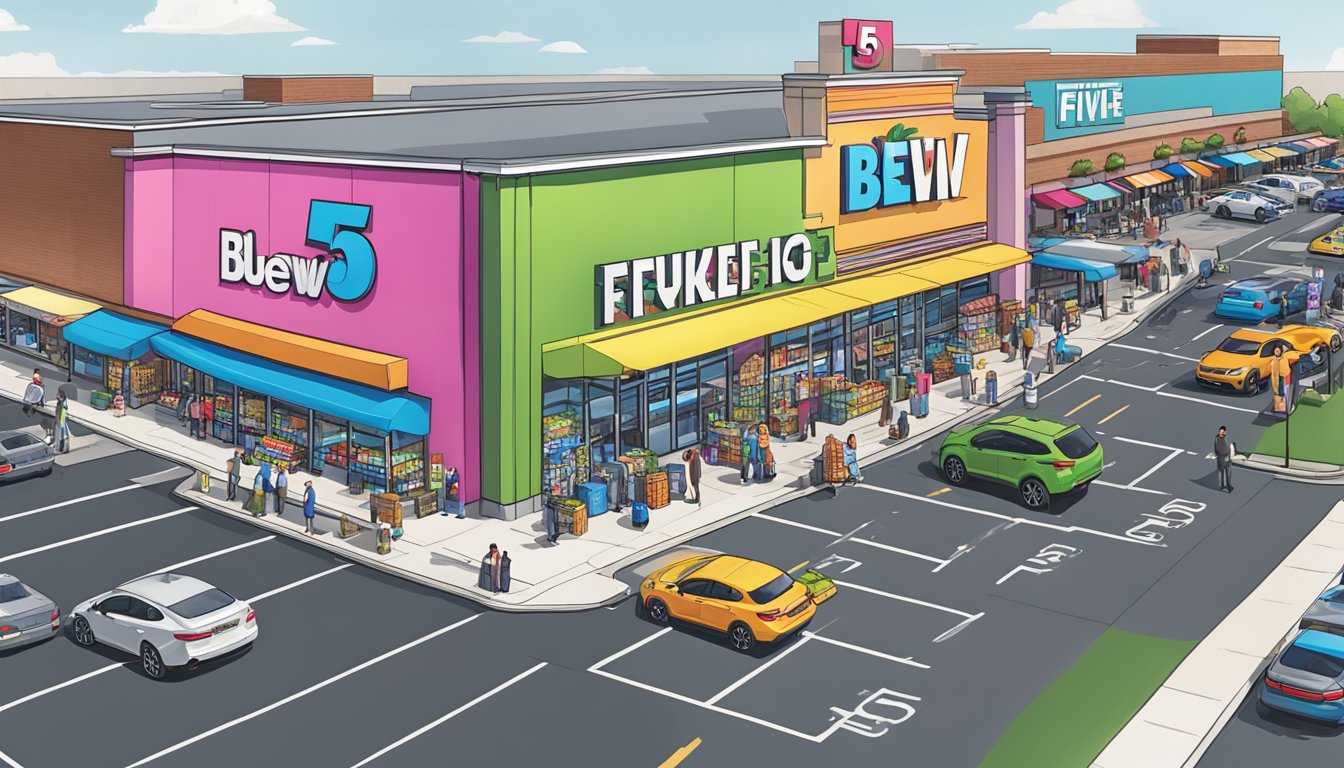 A bustling five below grocery store with bright signage and a crowded parking lot, surrounded by neighboring stores