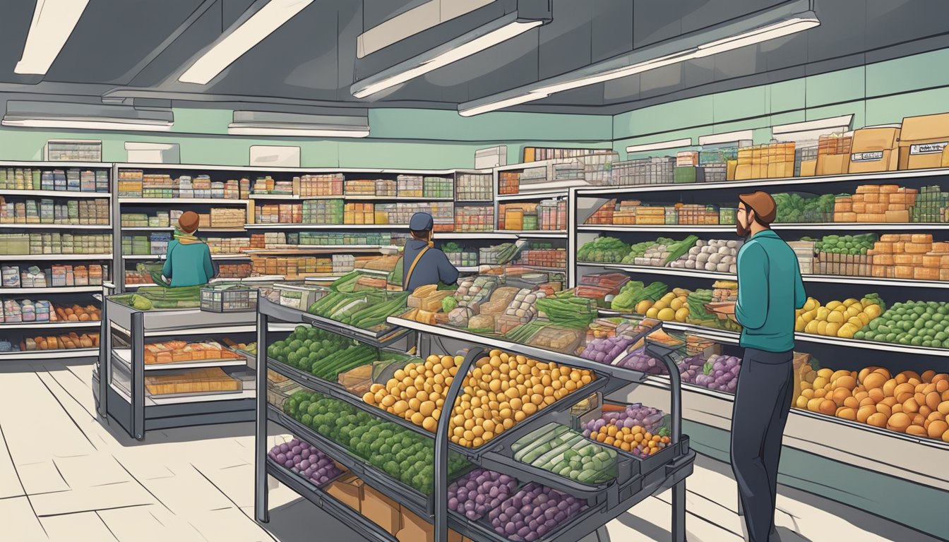 A bustling grocery store with fully stocked shelves and efficient staff managing inventory