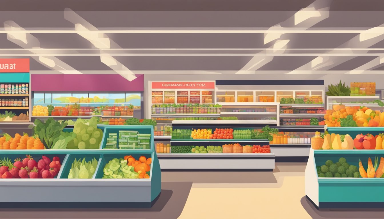 A bright, spacious grocery store with vibrant displays of fresh produce, organic snacks, and wellness products. Customers browse aisles filled with colorful, healthy options