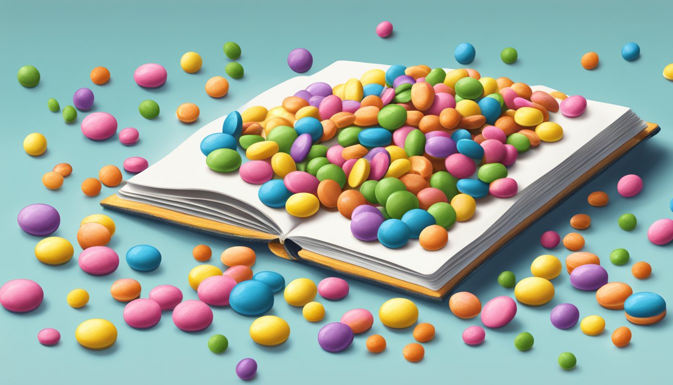 A colorful pile of smarties candy spilling out of a vegan-friendly recipe book