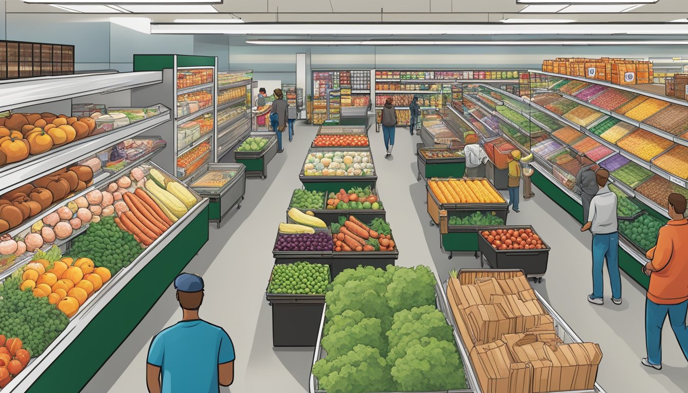 A bustling WinCo Foods store with a diverse array of fresh produce, meats, and packaged goods. Customers navigate the aisles, drawn to the store's competitive prices and wide selection