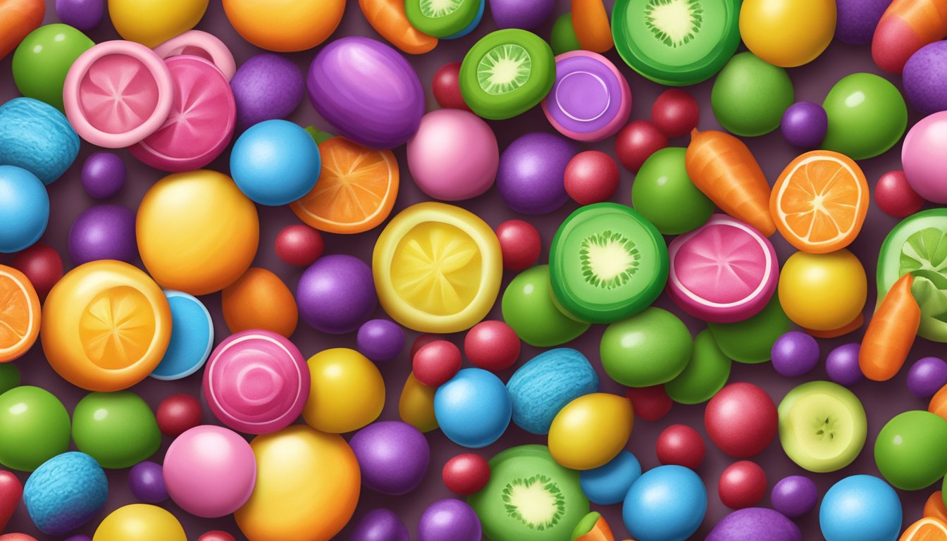 A colorful pile of Smarties candy surrounded by various fruits and vegetables