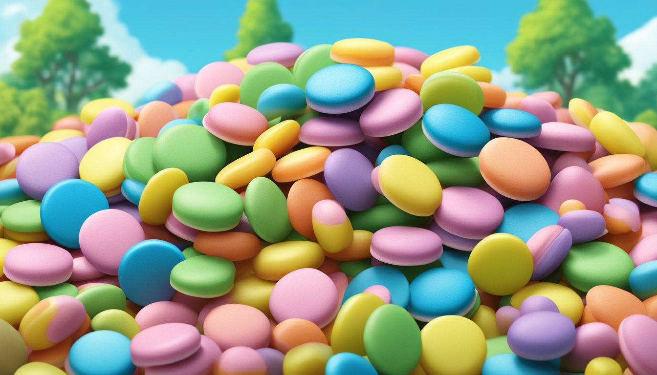 A pile of colorful Smarties candies surrounded by lush greenery and a clear blue sky, with a small animal nearby