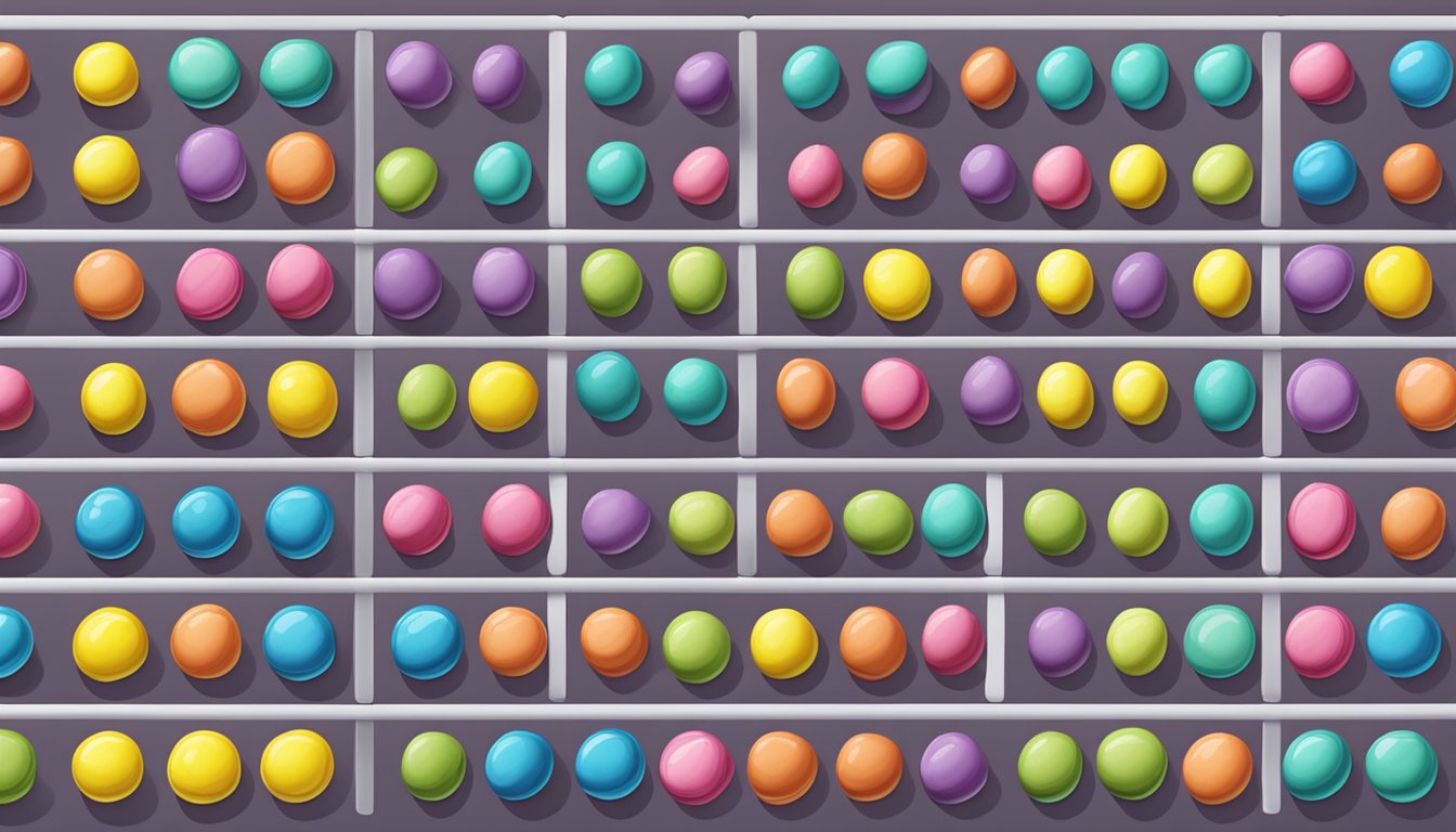 A colorful assortment of Smarties candies arranged in a neat grid, with different variations clearly labeled and displayed