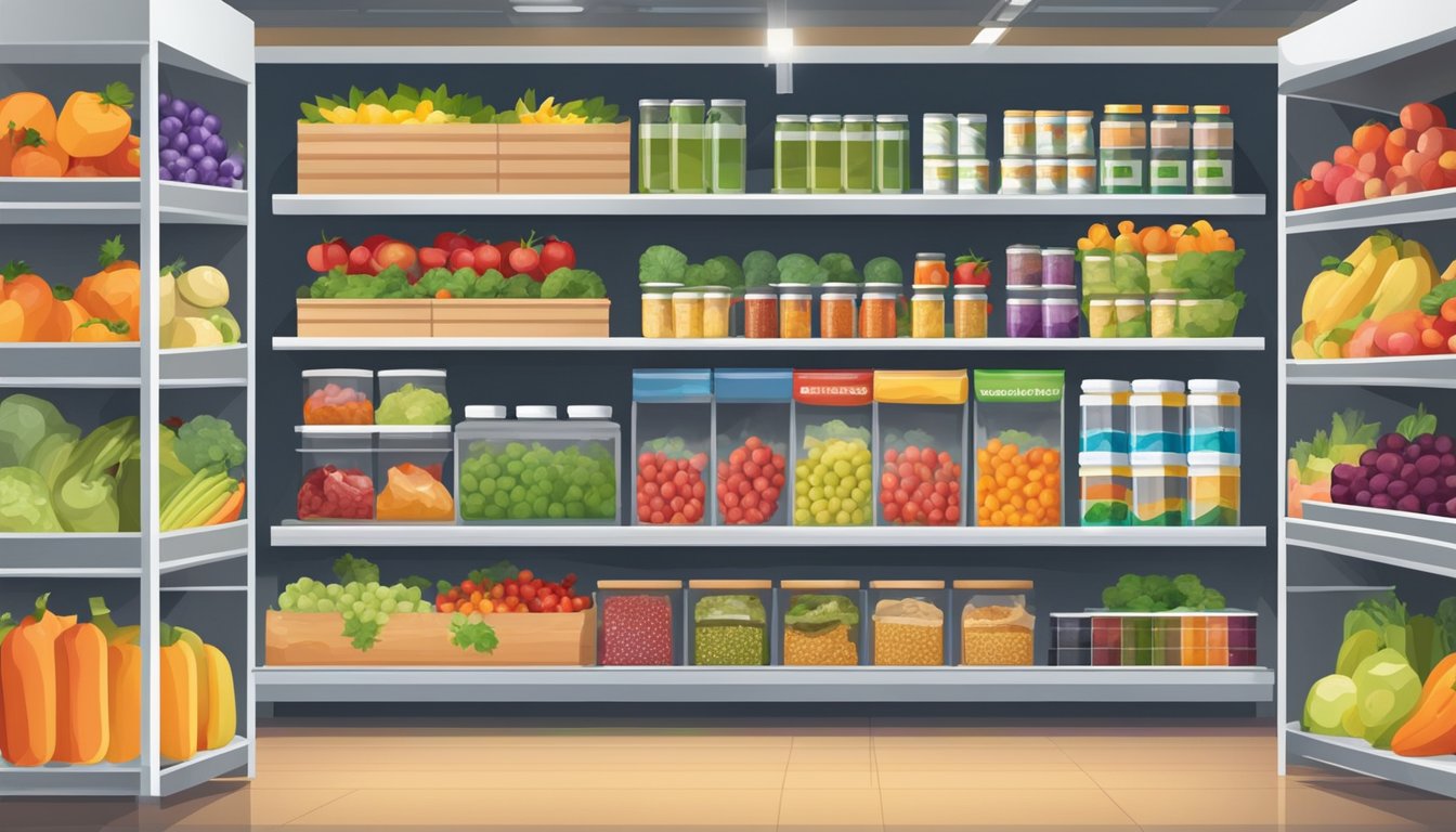 A colorful display of various products, including fresh produce, canned goods, and packaged items, arranged neatly on shelves in a spacious and well-lit grocery store