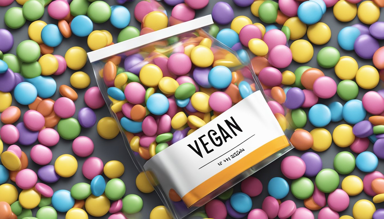 A colorful pile of Smarties candy spills out of a sleek, modern package with a clear "vegan" label. The candies are neatly arranged and easily accessible