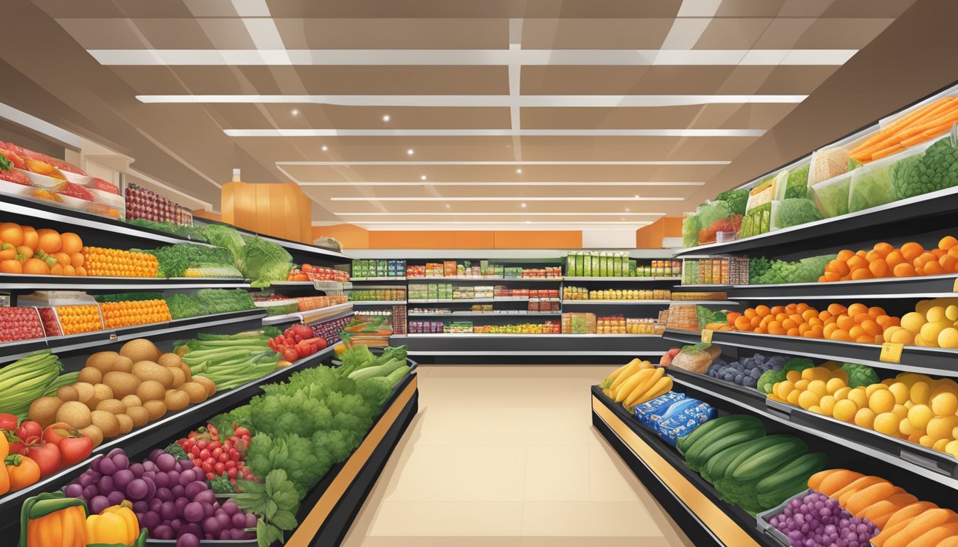 A colorful display of diverse products, from fresh produce to packaged goods, fills the shelves of Target's grocery store section