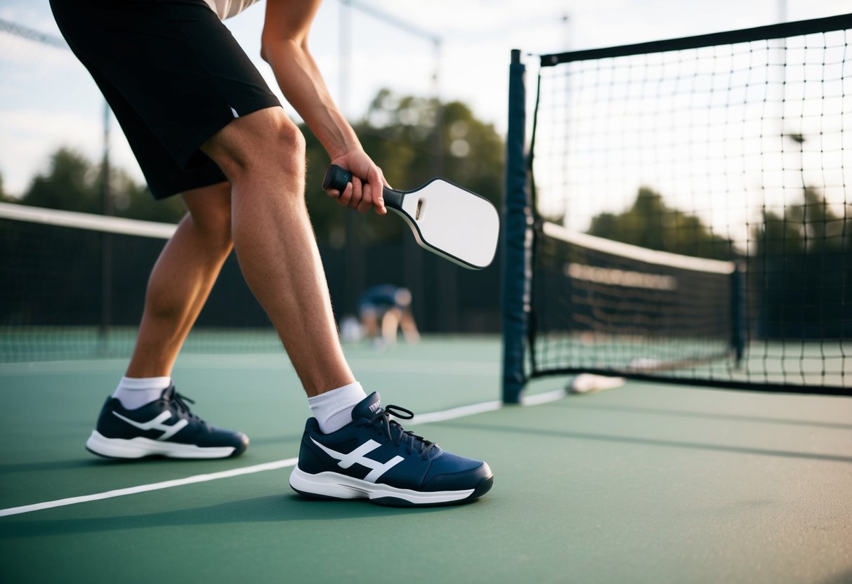 A person wearing volleyball shoes playing pickleball on a court, with a net in the background