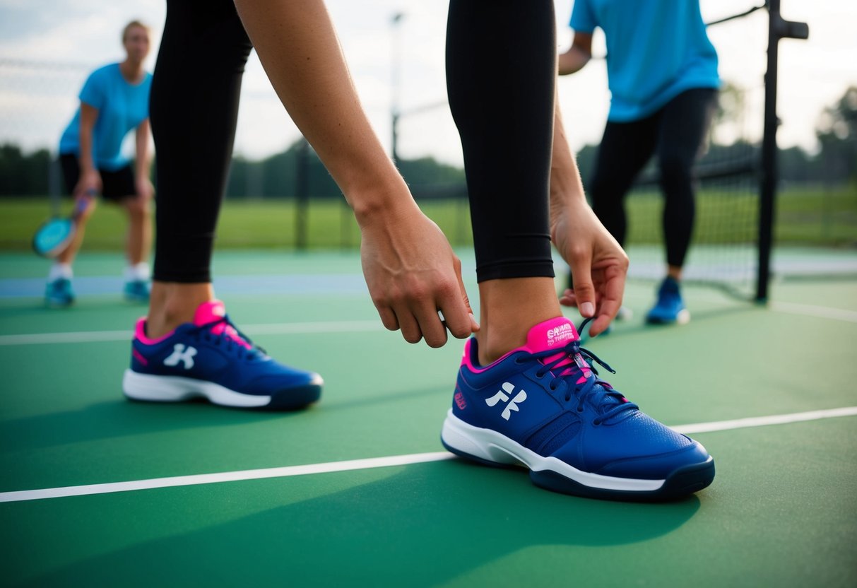 A person tries on volleyball shoes while playing pickleball on a court, testing the suitability of the shoes for the sport