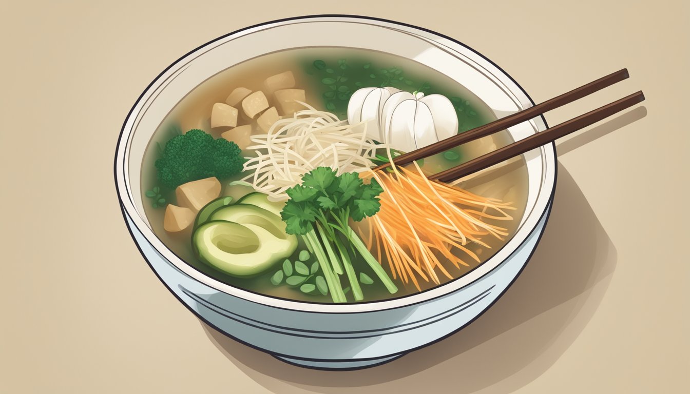 A bowl of miso soup with ingredients labeled "vegan" or "non-vegan" for easy identification