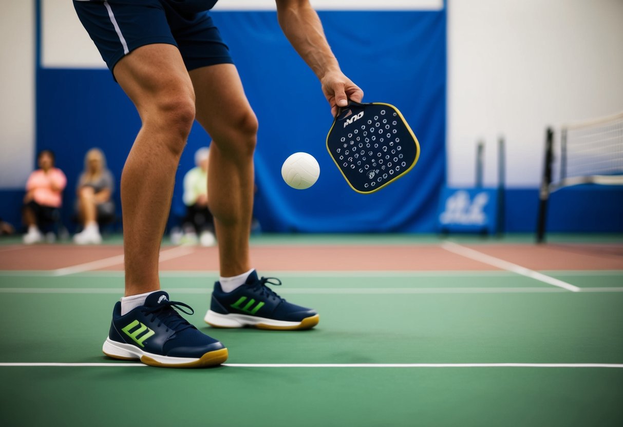 A person wearing volleyball shoes playing pickleball on a court