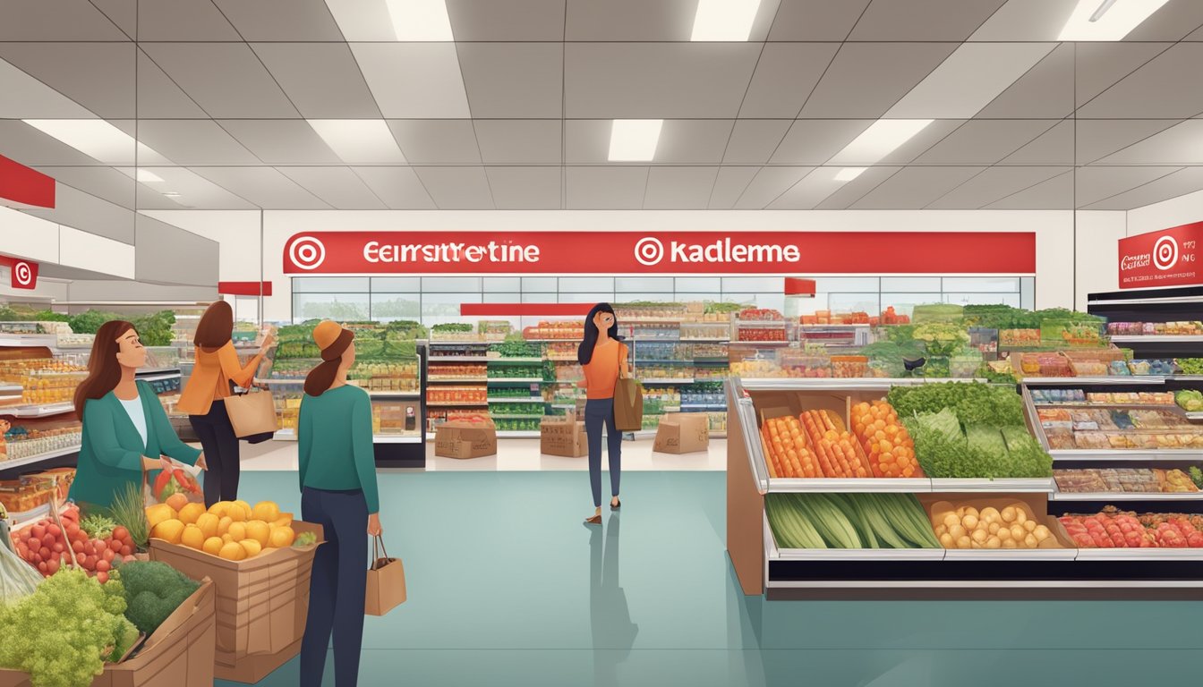 Customers shopping at a Target grocery store, surrounded by eco-friendly products and community-focused initiatives