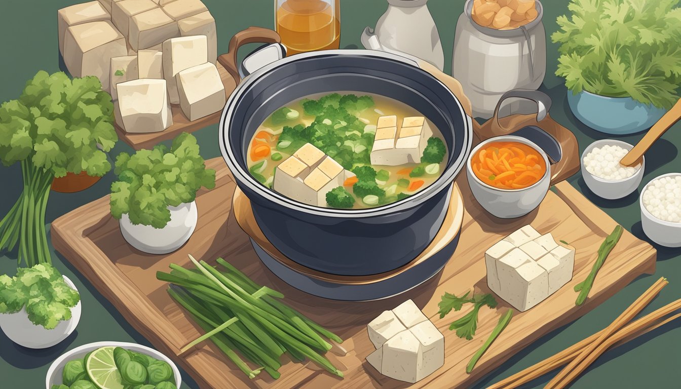 A steaming pot of miso soup surrounded by fresh vegetables and tofu