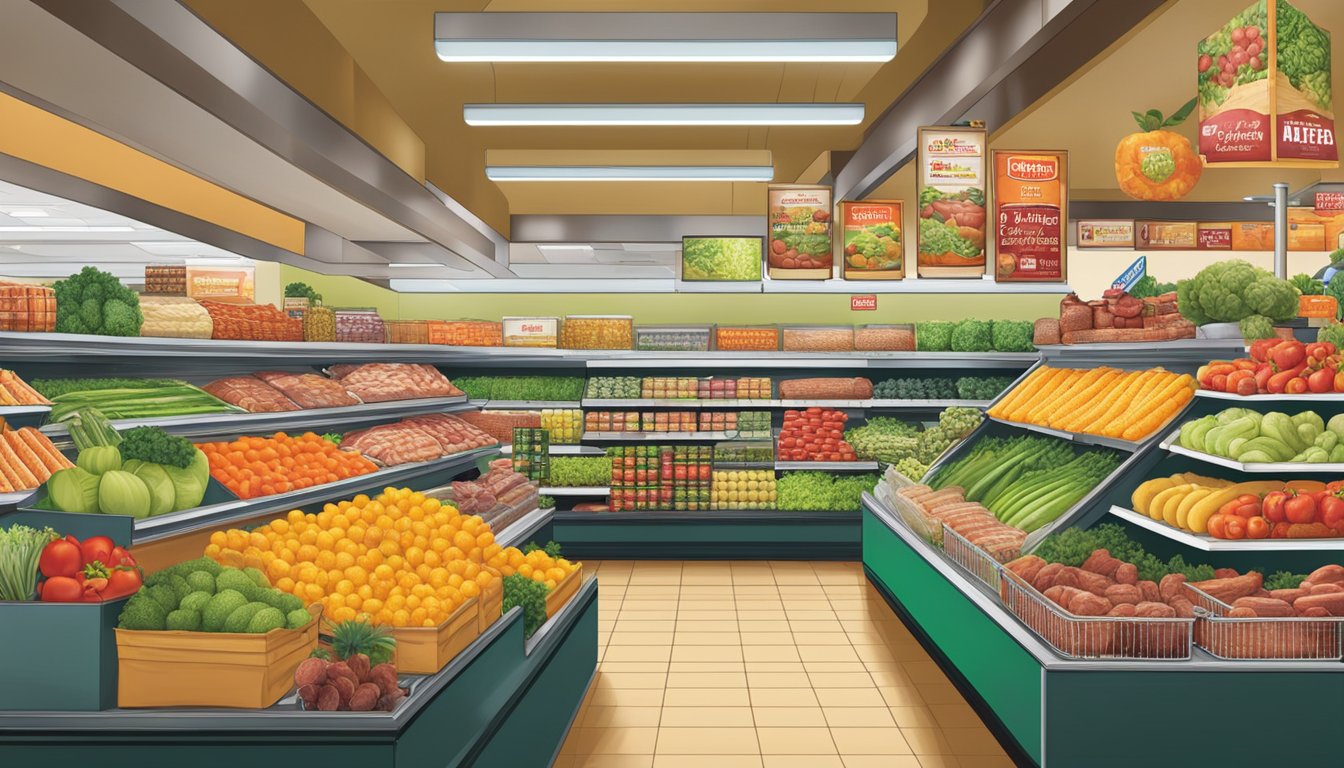 A vibrant display of fresh produce, meats, and packaged goods at an H-E-B grocery store, showcasing the wide range and high quality of products available