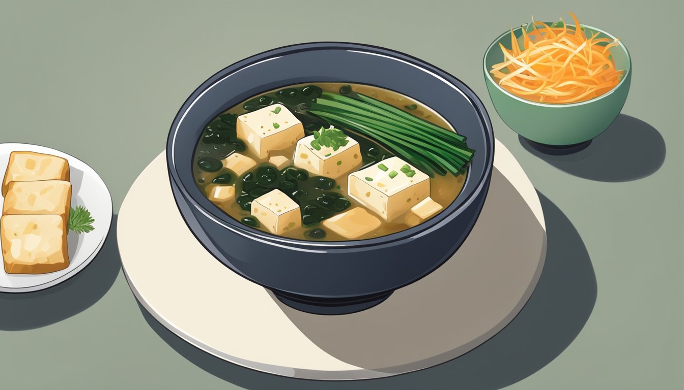 A bowl of miso soup with tofu, seaweed, and green onions, accompanied by a plate of miso-glazed vegetables