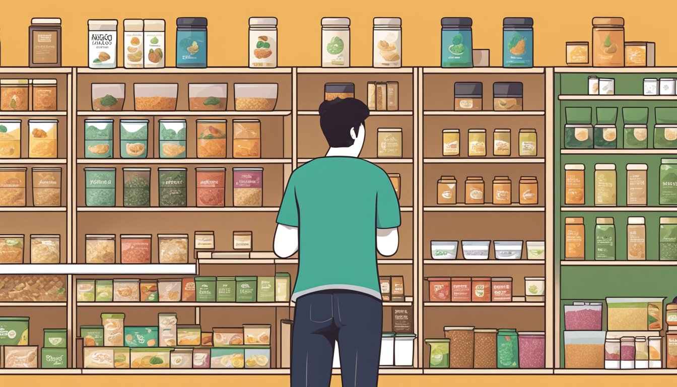 A person browsing shelves of miso products, with various vegan miso options displayed in colorful packaging