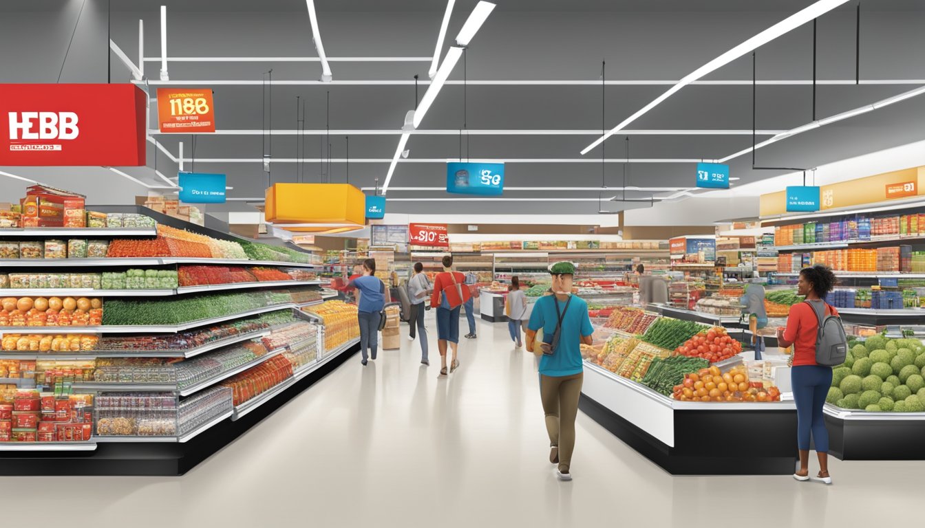 A bustling H-E-B store with innovative digital displays and technology, showcasing the seamless integration of online and in-store shopping experiences