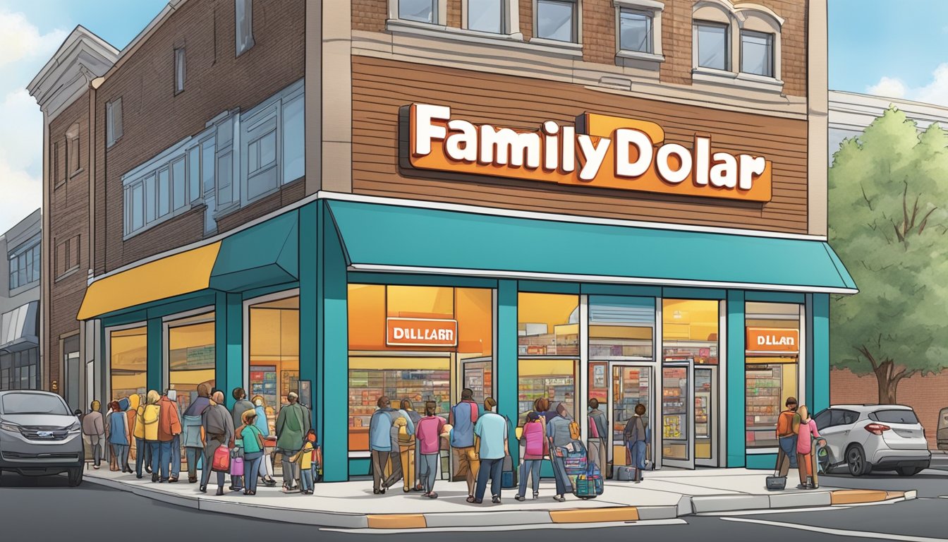 A family dollar store surrounded by bustling city streets, with a busy parking lot and a steady stream of customers entering and exiting the store