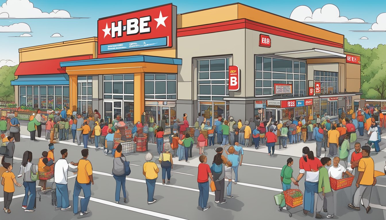 A bustling H-E-B store with diverse customers and employees engaged in community events and initiatives