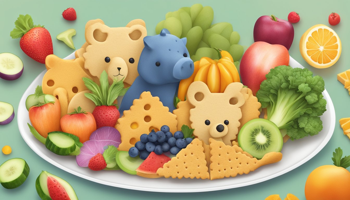 A group of animal-shaped crackers on a plate, surrounded by colorful fruits and vegetables