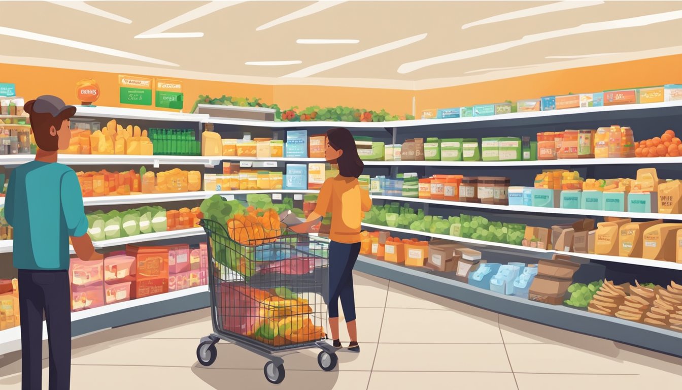 A bustling grocery store with bright signage and shelves stocked with affordable products. Customers compare prices and fill their carts with household essentials