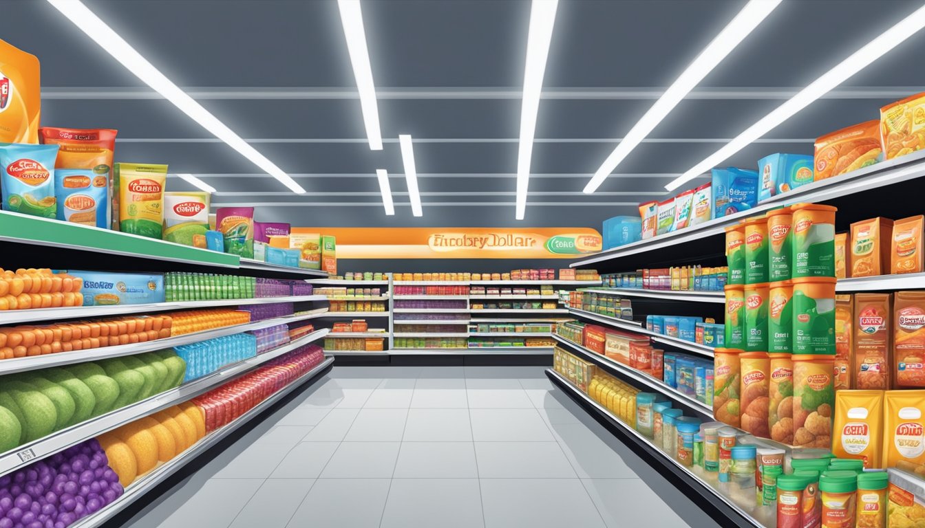 A brightly lit grocery aisle with neatly organized shelves showcasing a wide variety of high-quality products at Family Dollar