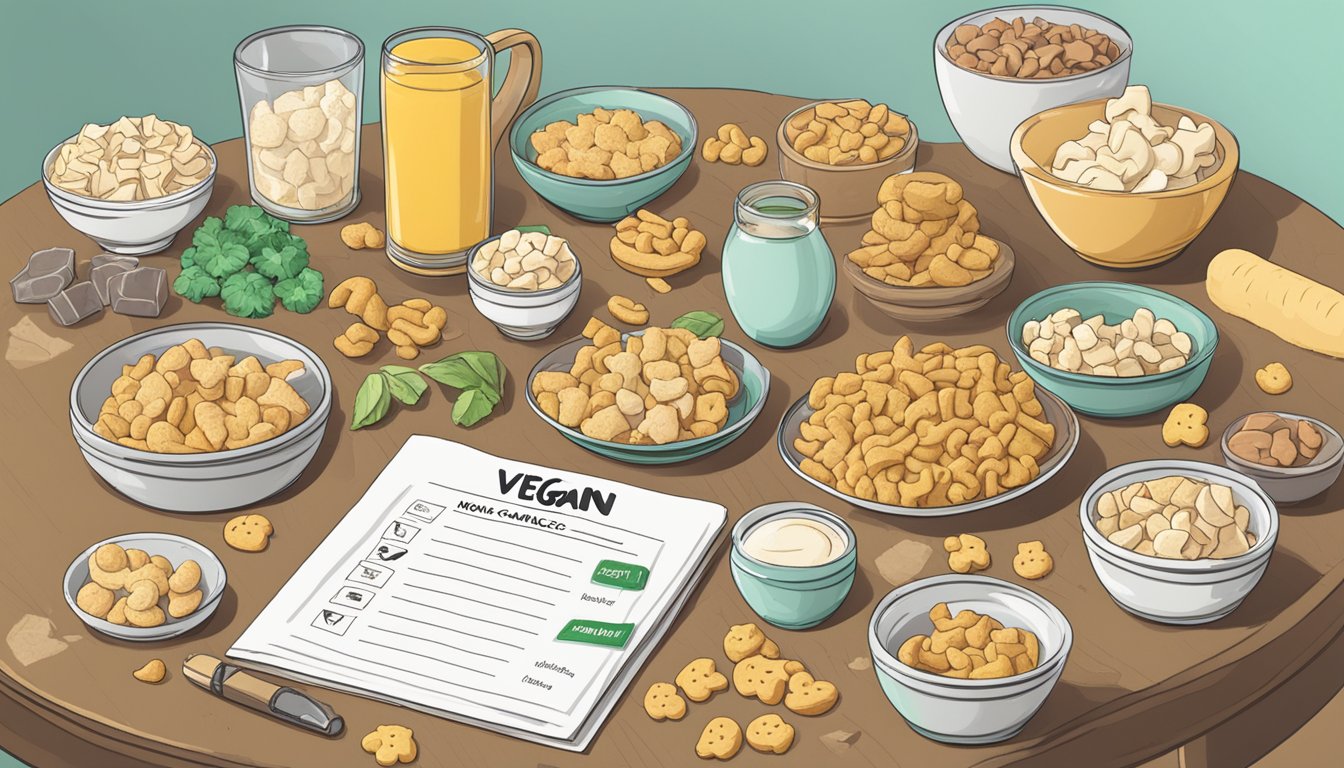 A table with scattered animal crackers, surrounded by various ingredients and a checklist labeled "Vegan Compliance."