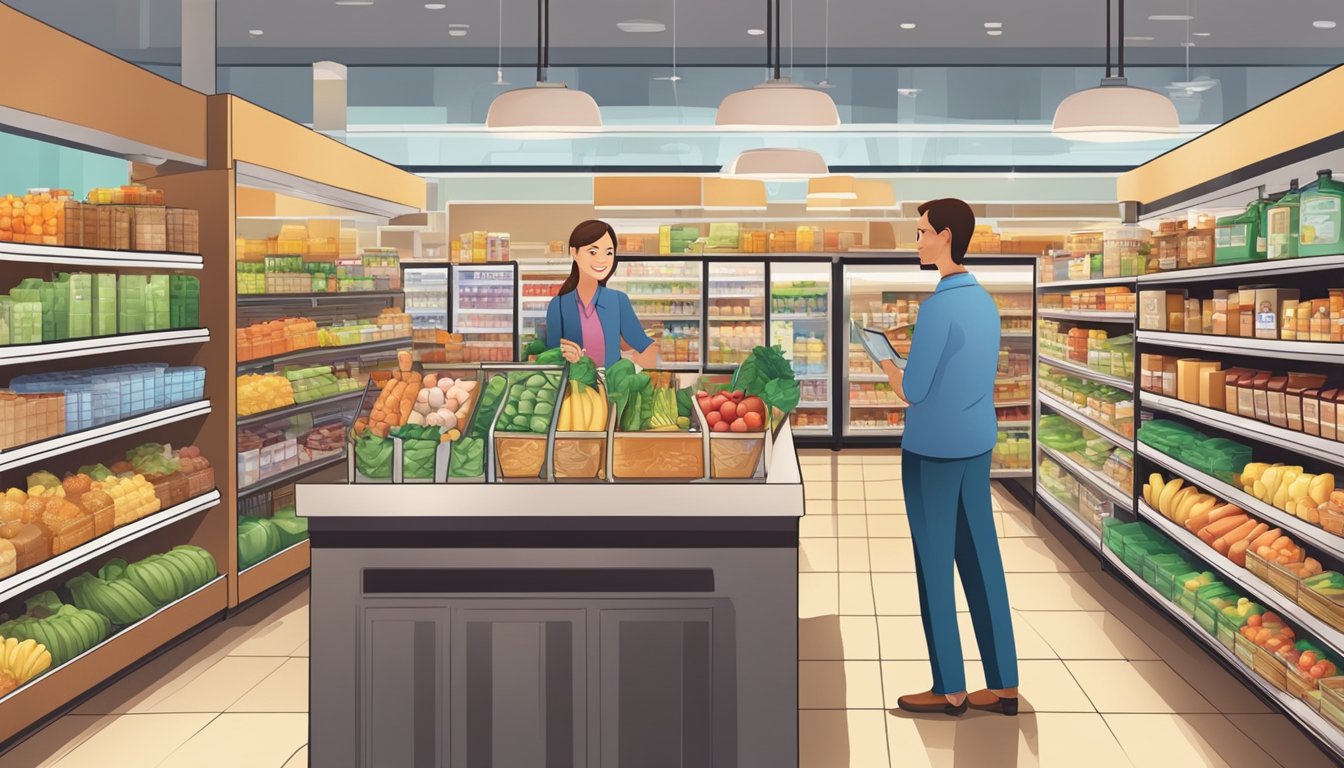 A bustling grocery store with bright signage, neatly organized shelves, and friendly staff assisting customers with their purchases