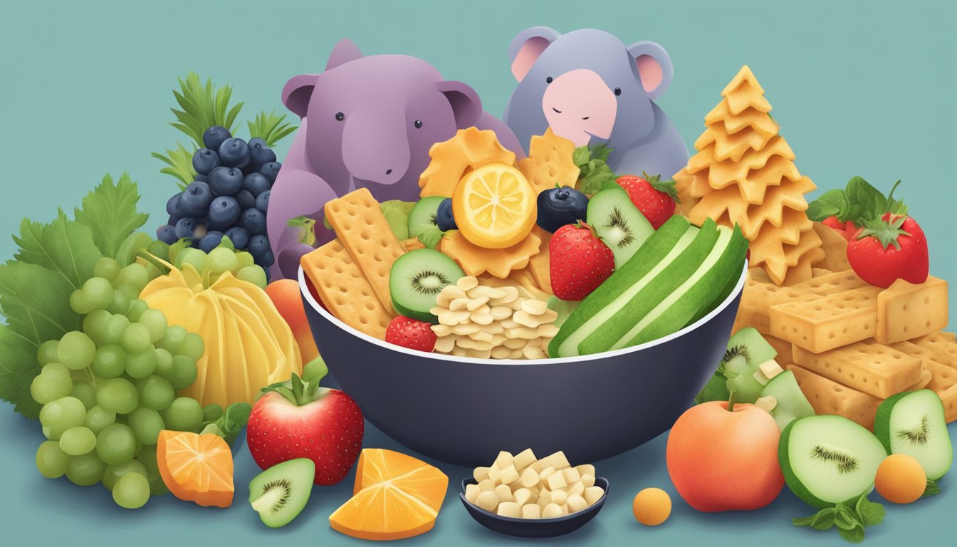 A group of animal-shaped crackers surround a bowl of assorted fruits and vegetables, highlighting the vegan nature of the snacks