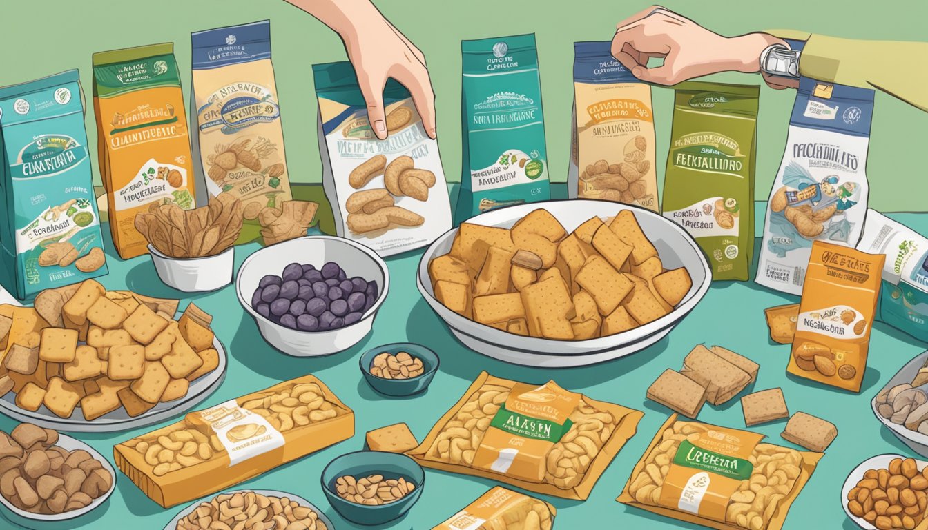 A table with various food packages, some with vegan certification labels. A hand reaching for a box of animal crackers