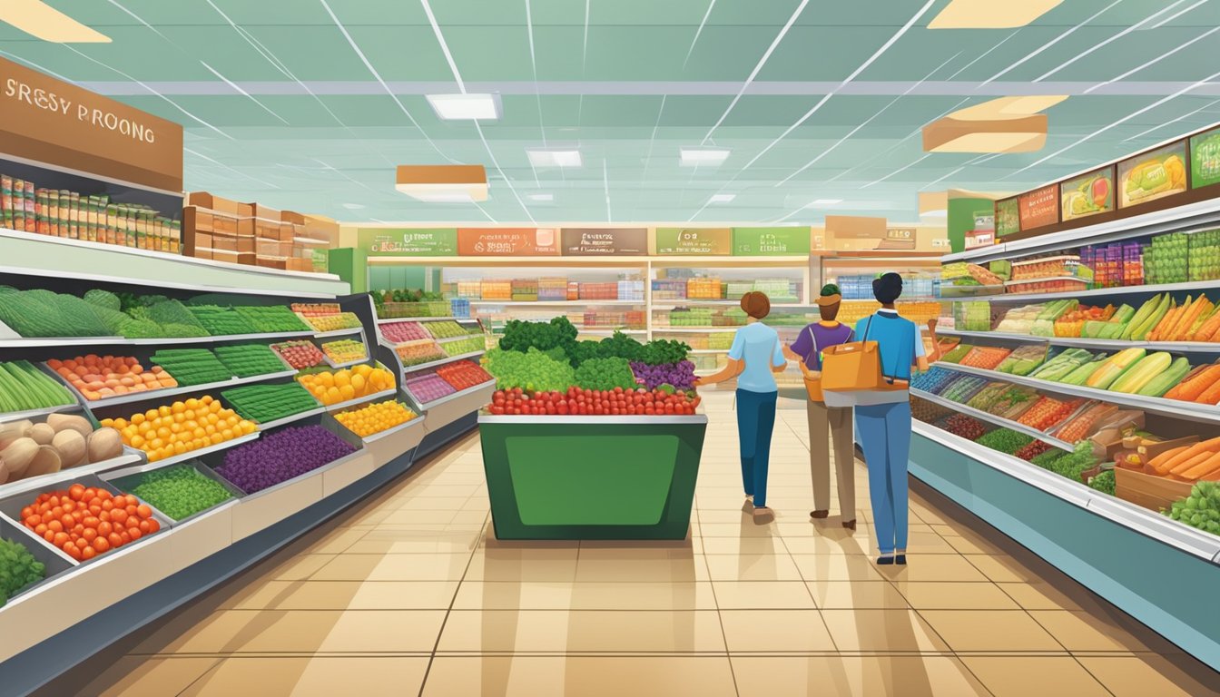 A bustling grocery store with colorful aisles, fresh produce, and friendly staff. Busy shoppers fill their carts with a wide variety of products