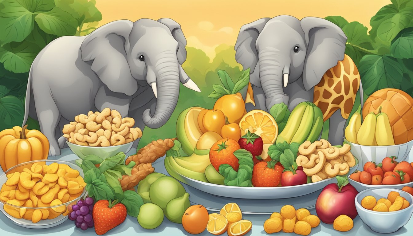 A group of animal crackers, including a lion, elephant, and giraffe, are arranged on a plate with a variety of fruits and vegetables in the background