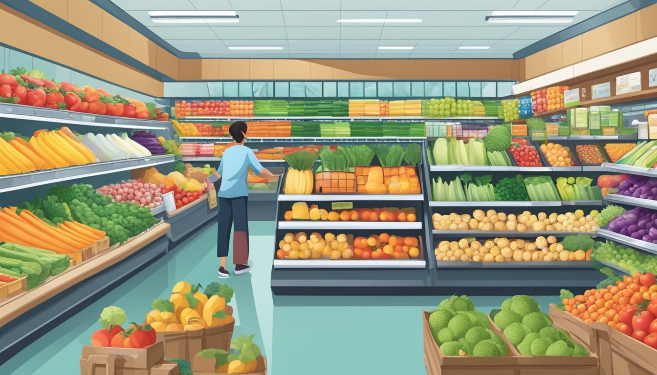 A bustling grocery store with colorful aisles, fresh produce, and friendly staff assisting customers