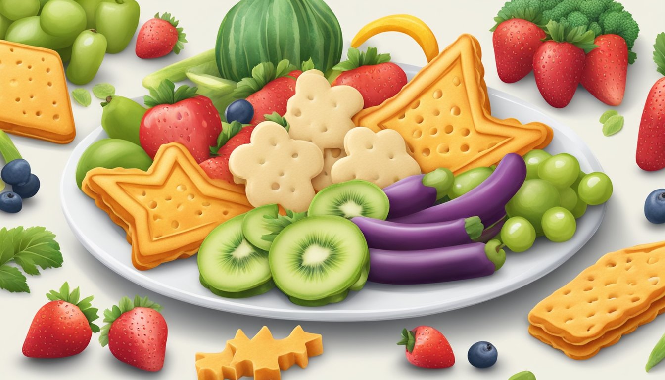 A group of colorful animal-shaped crackers arranged on a plate, surrounded by fresh fruits and vegetables