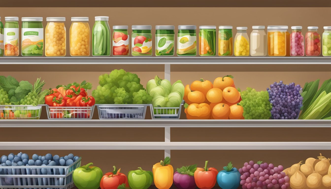 A colorful display of fresh produce and a variety of high-quality grocery items neatly organized on shelves