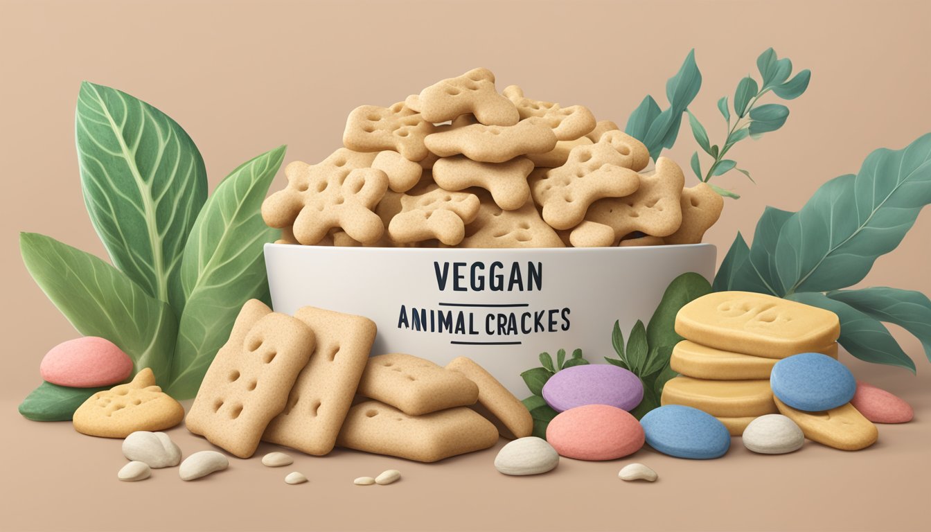 A pile of animal crackers next to a vegan label and a variety of plant-based ingredients