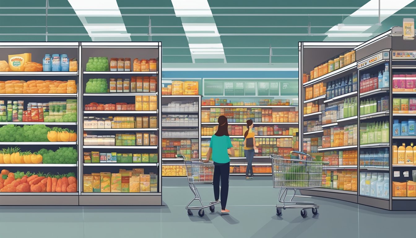 A bustling grocery store with shelves filled with a variety of store brands and private label products. Customers browsing through the aisles with shopping carts