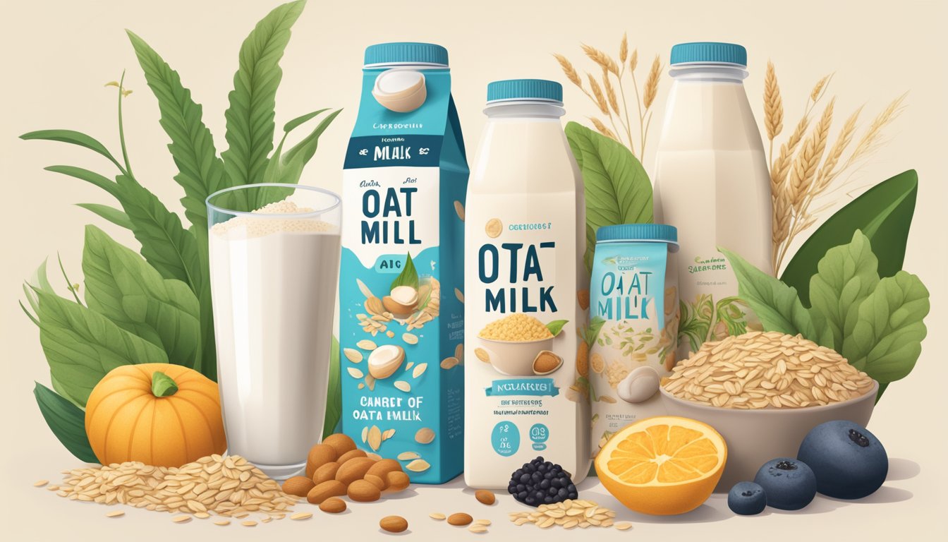 A carton of oat milk surrounded by various plant-based foods and a "vegan" label