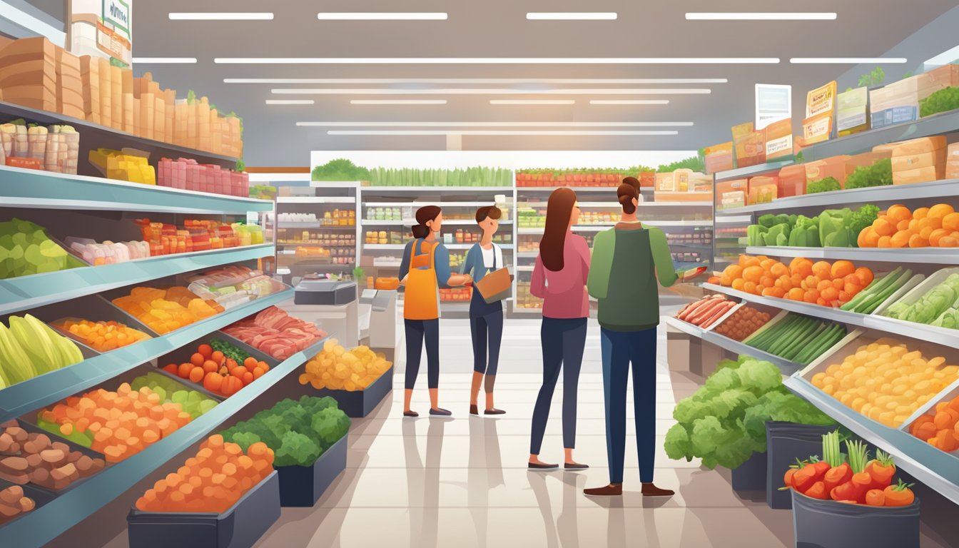 A bustling, modern grocery store with bright, organized aisles and a wide variety of fresh produce, meats, and packaged goods. Customers happily compare prices and products