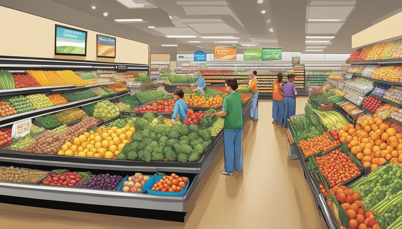 A busy Safeway store with colorful produce, neatly organized aisles, and friendly staff assisting customers