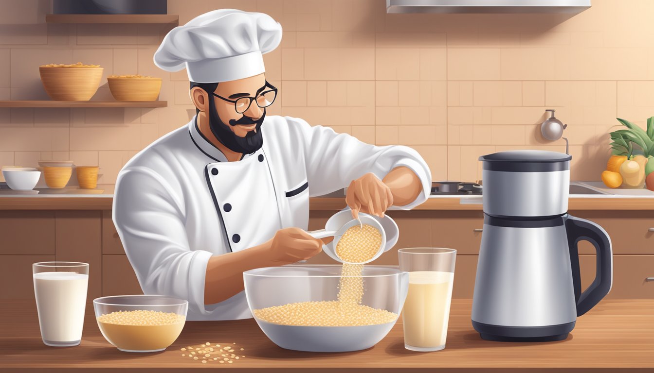 A chef pouring oat milk into a bowl of cereal