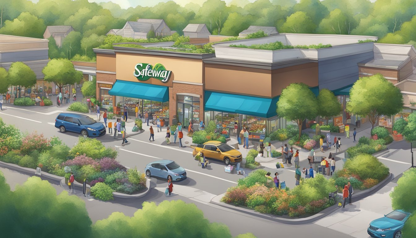 A bustling Safeway store surrounded by lush greenery and a diverse community participating in a neighborhood clean-up event