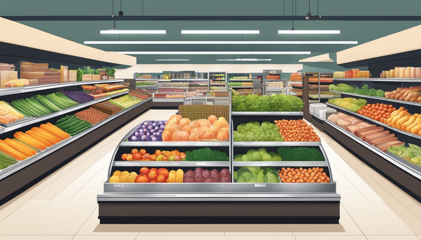 A bustling Safeway grocery store with modern decor, bright lighting, and a wide variety of fresh produce, meats, and packaged goods neatly displayed on shelves